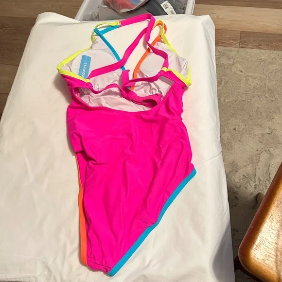 NEW POPVIL Womens One Piece Swimsuit Hot Pink Neon Ruched V-Neck Size Medium - Picture 4 of 7